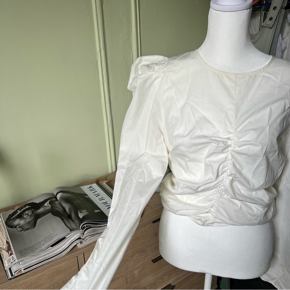 White Puff Long-Sleeve Ruched Detail Corset Modest Cute Blouse Shirt Top Sz M-L - Picture 4 of 15